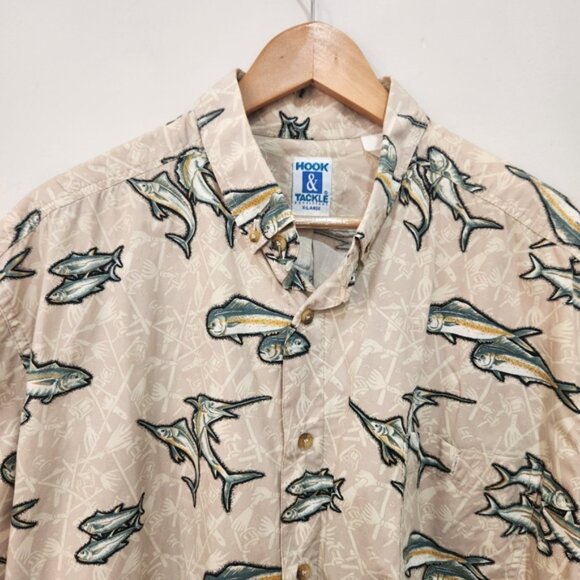 Hook Tackle Hawaiian Shirt Mens XL Cream All Over Fish Print 100% Cotton Beach - Picture 2 of 12